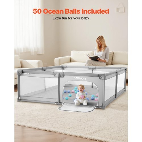 Baby Playpen, 78.7 x 70.3 Extra Large Playpen for Babies Toddlers, Indoor/Outdoor Baby Fence Play Yard, No-Gap Safety Activity Center with 50 Ocean Balls, Zippered Door & Soft Breathable Mesh