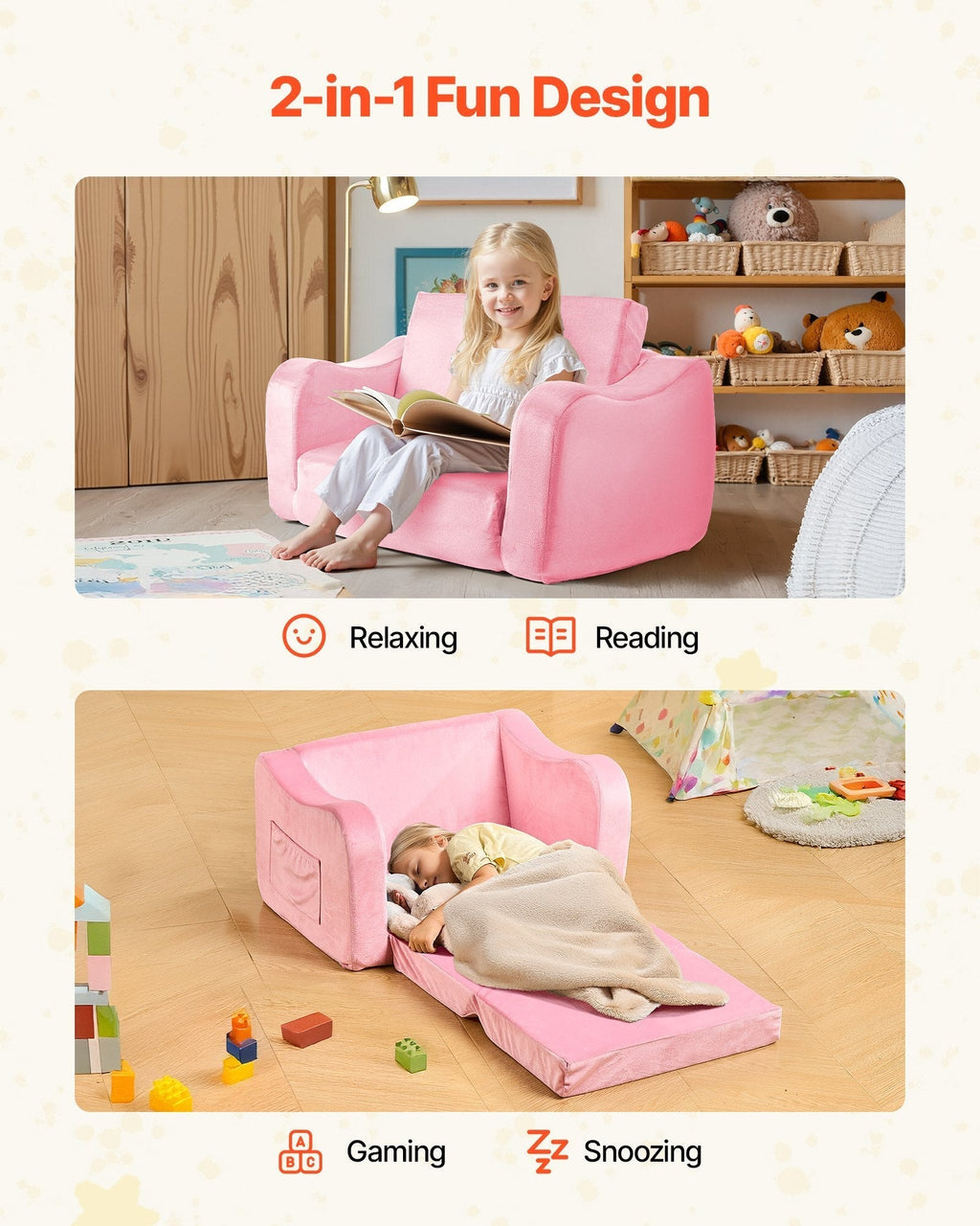 2-in-1 Kids Sofa, Foldable Toddler Soft Couch with Armrests, Made of 28D Sponge & Short Pile, Convertible Toddler Chair to Lounger, Kid Couch Fold Out for Fun Playtime or Comfy Lounging, M, Pink