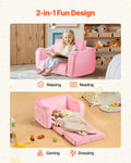 2-in-1 Kids Sofa, Foldable Toddler Soft Couch with Armrests, Made of 28D Sponge & Short Pile, Convertible Toddler Chair to Lounger, Kid Couch Fold Out for Fun Playtime or Comfy Lounging, M, Pink