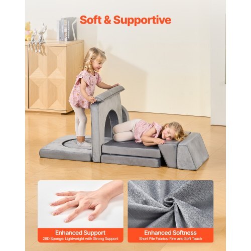 Modular Kids Play Couch, Sectional Toddler Sofa with Armrests, 28D Sponge & Short Pile, Convertible Kids Modular Couch DIY Creative Combination for Playroom, Bedroom, Living Room, 10 Pcs, Gray