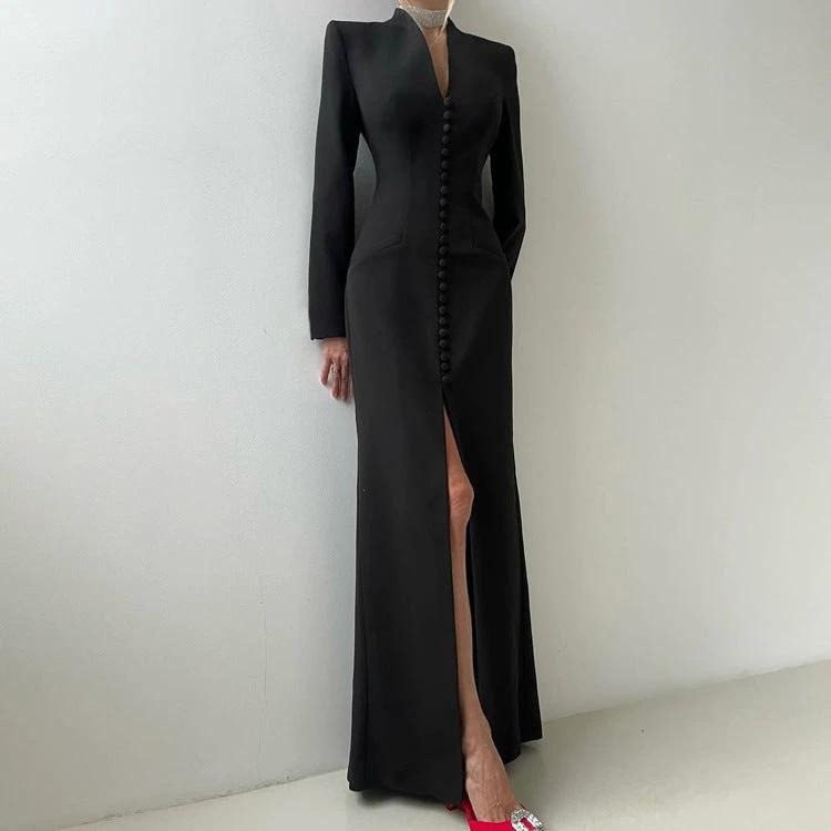 V-neck Long Sleeve High Waist Slit French Dress