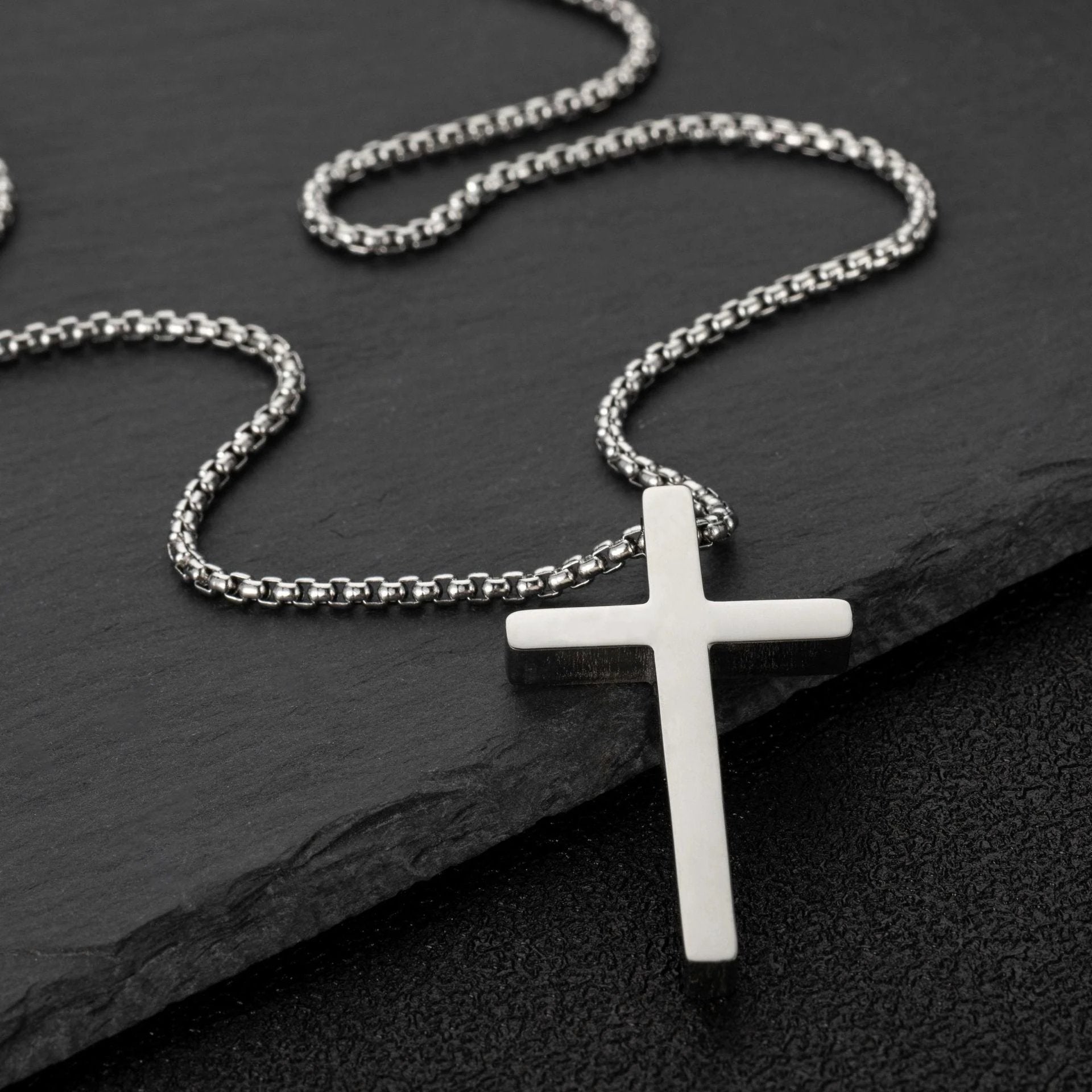 Simple Box Chain Stainless Steel Cross Necklace For Men