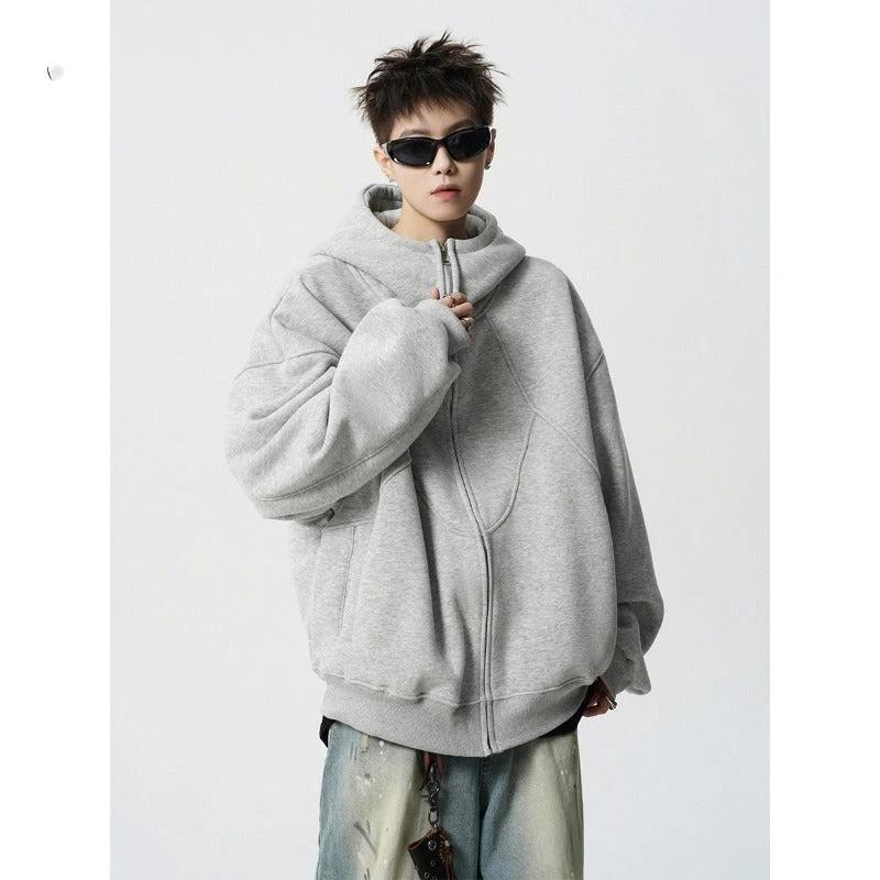 Men's Loose Design Stitching Zip-up Hooded Sweater