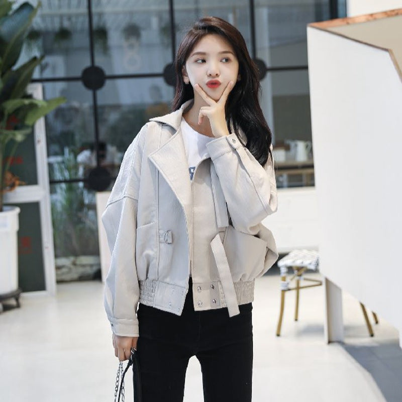 Leather Clothing All-match Beige Loose Motorcycle Jacket