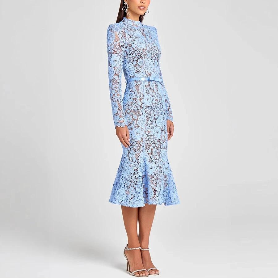 Slim Fit Slimming See-through Lace Hollow Belt Long Sleeve Fishtail Dress