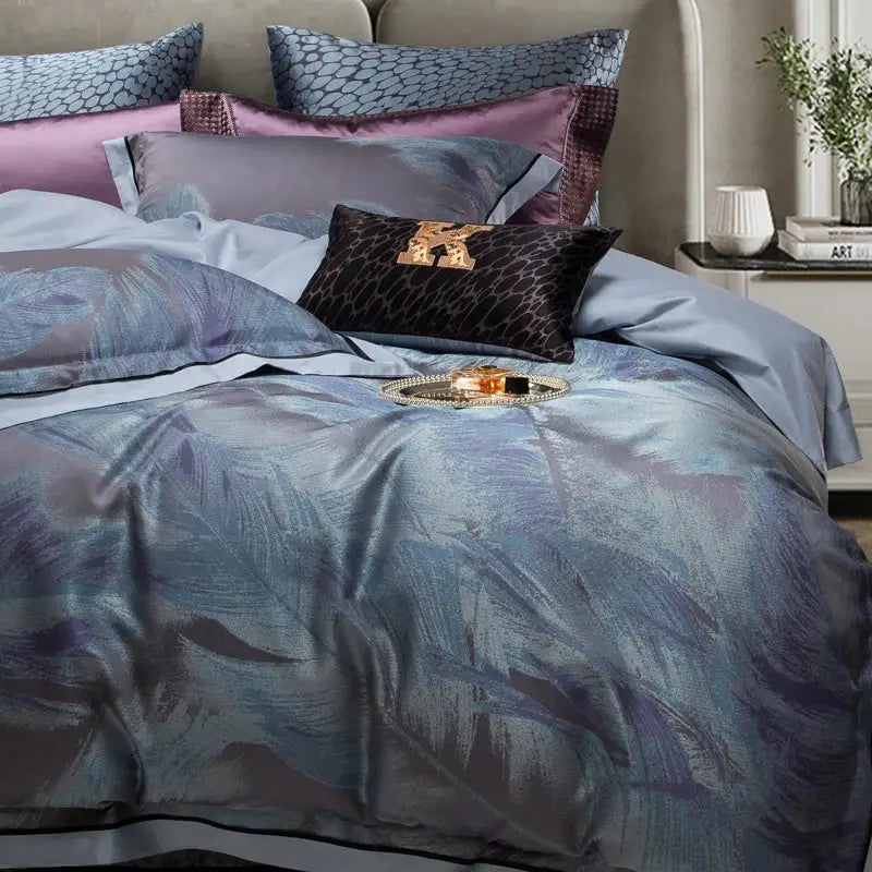 Abstract blue & gray 1500tc jacquard egyptian cotton bedding set bedroom