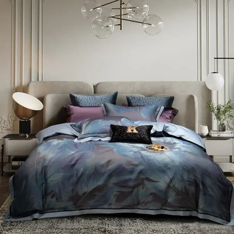 Abstract blue & gray 1500tc jacquard egyptian cotton bedding set bedroom