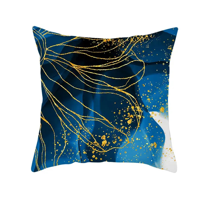 DecorBites™ Blue Ink Gold Edge Geometric Cushion Cover - Polyester Throw Pillow Case