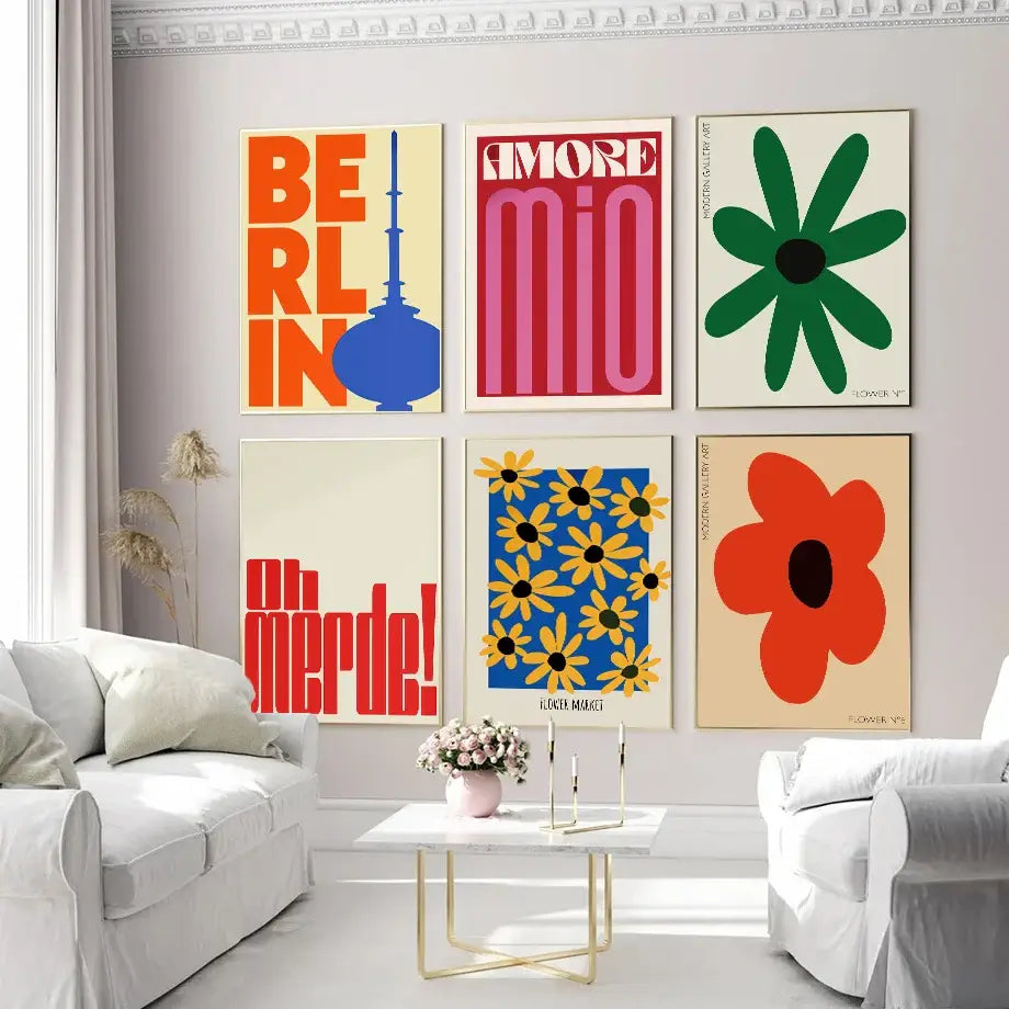Modern vibrant floral typography wall art set of 6 living room prints