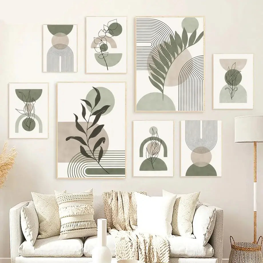 Vintage boho abstract geometric leaf canvas wall art living room
