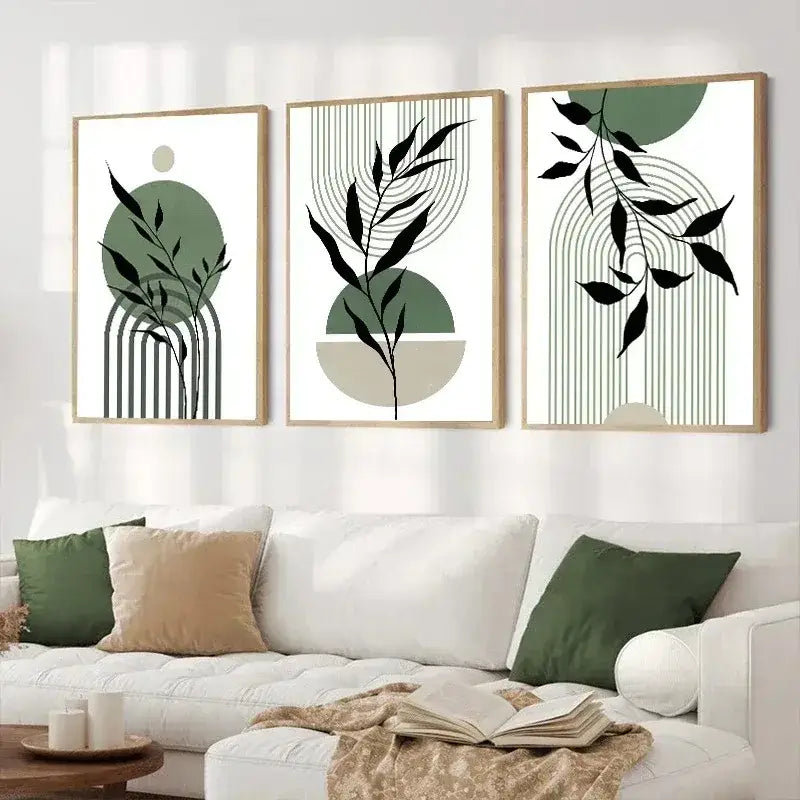 Modern abstract green & black botanical wall art set living room
