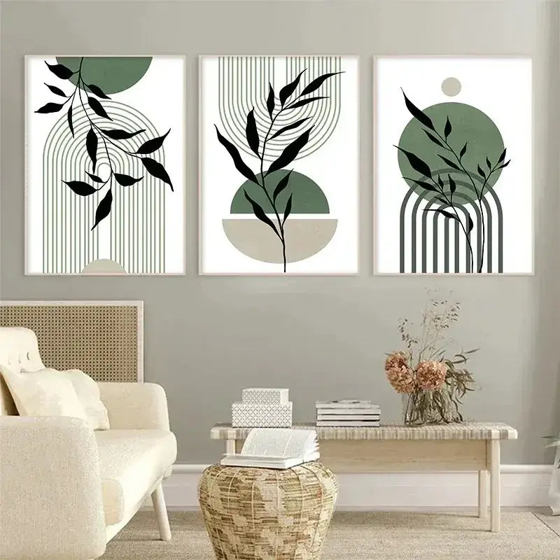 Modern abstract green & black botanical wall art set living room