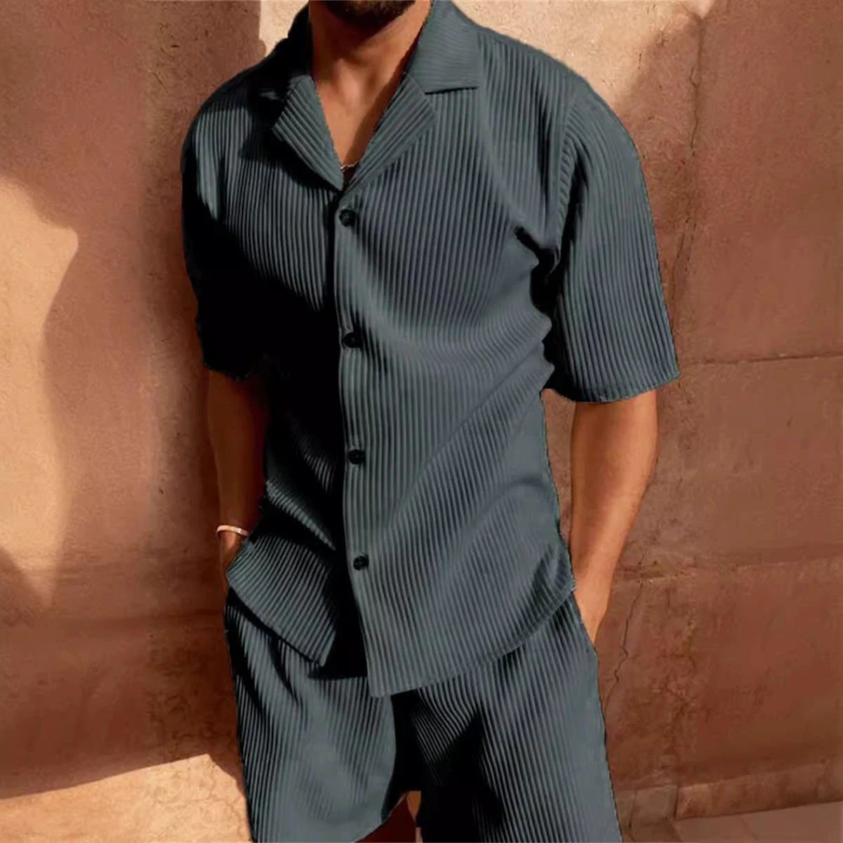 Corduroy Casual Polo Collar Sports Men's Solid Color T-shirt Shorts Set