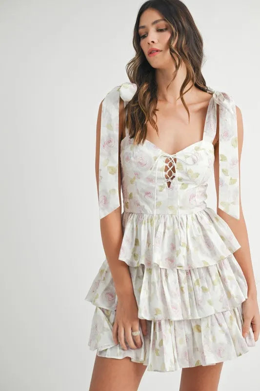 MABLE Floral Print Shoulder Tie Layered Mini Dress
