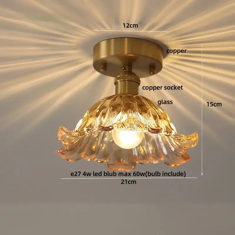Amber glass wood copper led ceiling light dining room wavy lamp