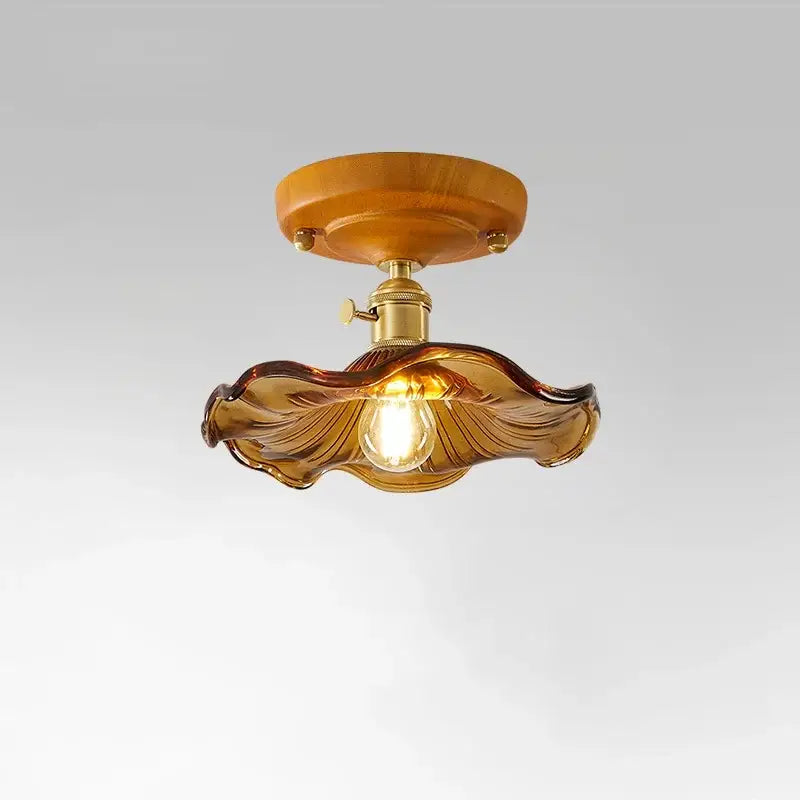 Amber leaf brass glass ceiling lamp bedroom light fixture
