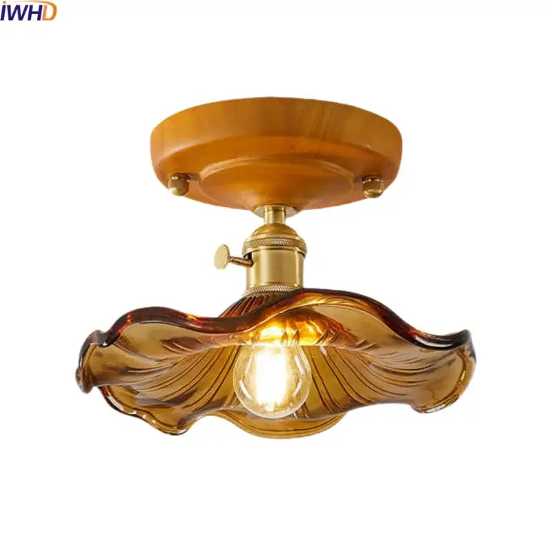 Amber leaf brass glass ceiling lamp bedroom light fixture