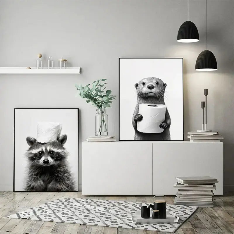 Modern tiger cub toilet paper art framed bathroom wall decor