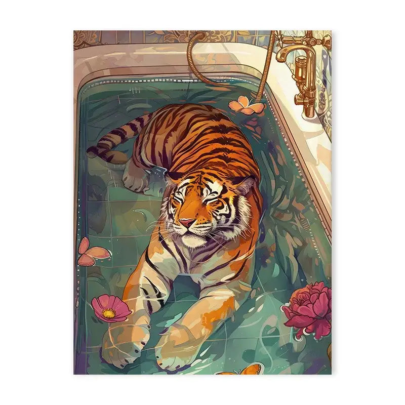 Vibrant tiger in bathtub animal canvas painting bathroom wall art