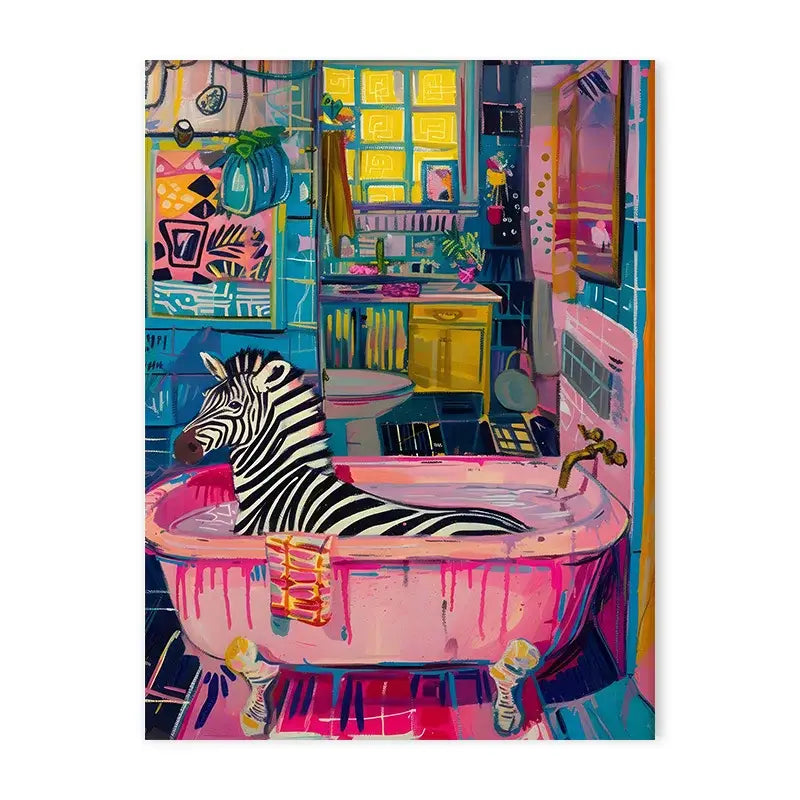 Vibrant tiger in pink bathtub animal canvas wall art bedroom decor