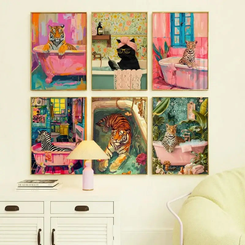 Vibrant leopard in bathtub animal print canvas painting bedroom art