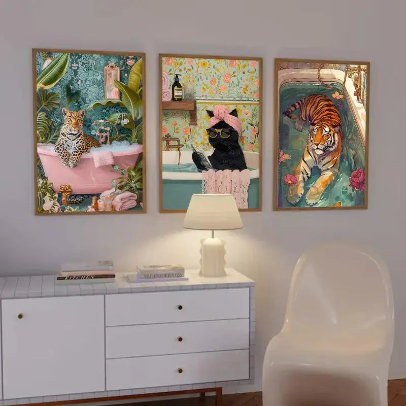 Vibrant leopard in bathtub animal print canvas painting bedroom art