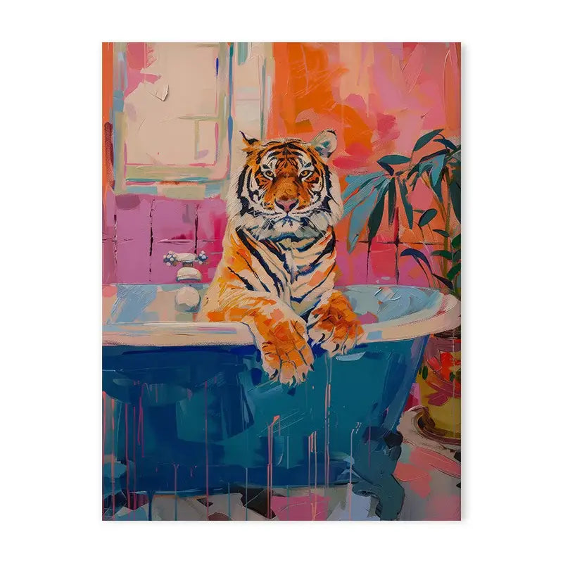 Vibrant leopard in bathtub animal print canvas painting bedroom art