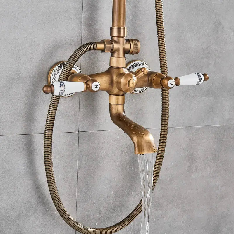 DecorBites™ Brass Antique Shower Faucet Set with Porcelain Ceramic Swivel Bath Spout