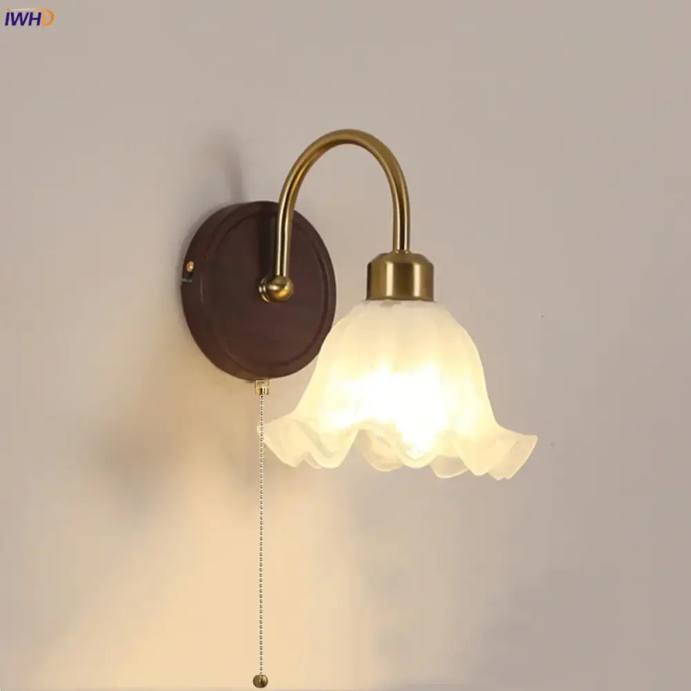 DecorBites™ LED Wall Light Glass Fixture Pull Chain Switch Wood Bedside Sconce