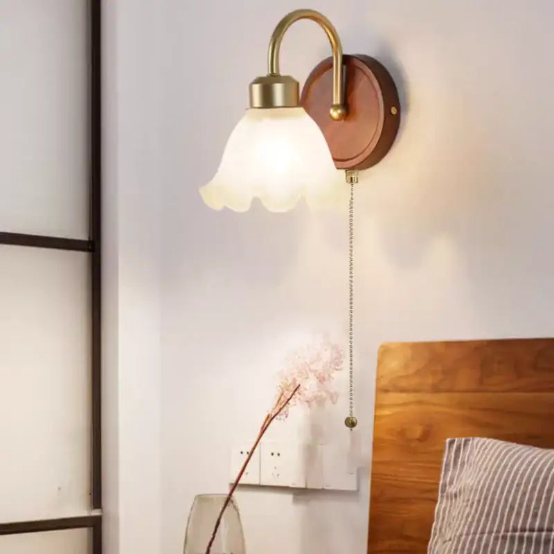 DecorBites™ LED Wall Light Glass Fixture Pull Chain Switch Wood Bedside Sconce