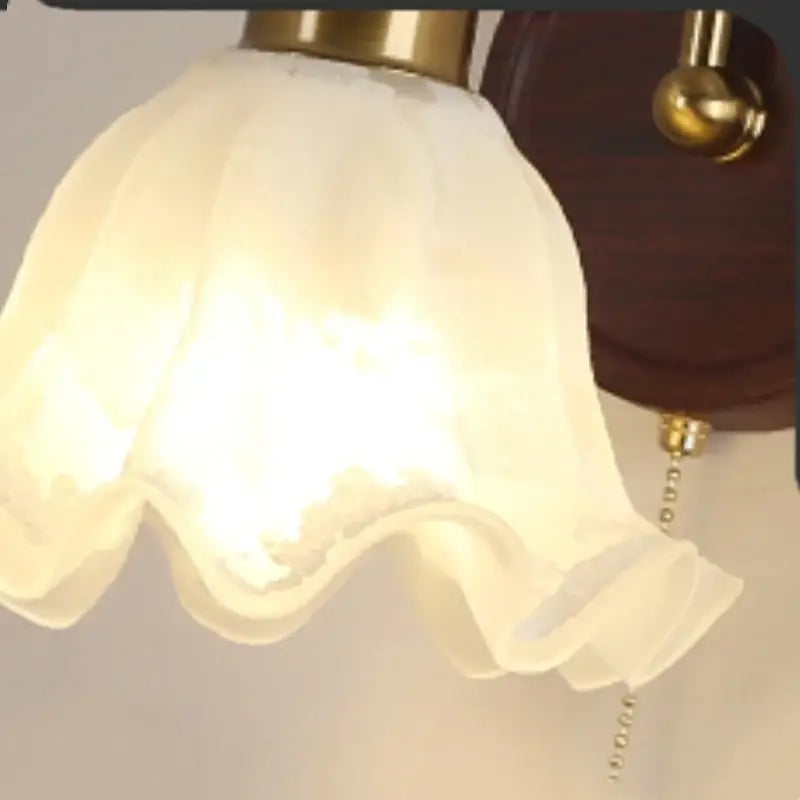DecorBites™ LED Wall Light Glass Fixture Pull Chain Switch Wood Bedside Sconce