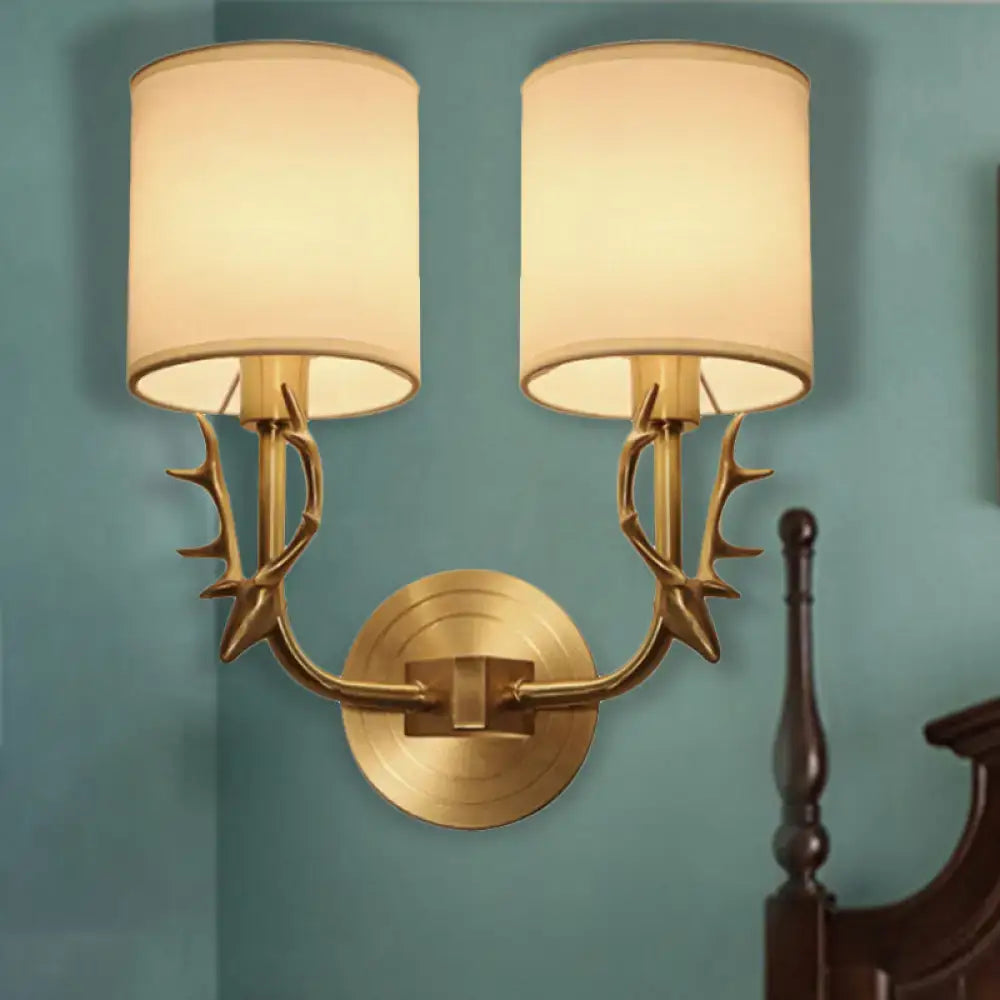 DecorBites™ Modern 1/2 Lights Wall Sconce with Fabric Shade - Black/Gold Cylinder Wall Mount Fixture featuring Metal Antler