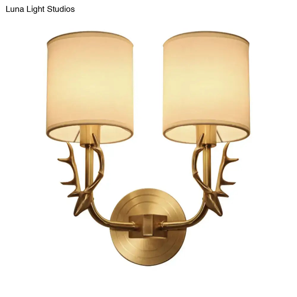 DecorBites™ Modern 1/2 Lights Wall Sconce with Fabric Shade - Black/Gold Cylinder Wall Mount Fixture featuring Metal Antler