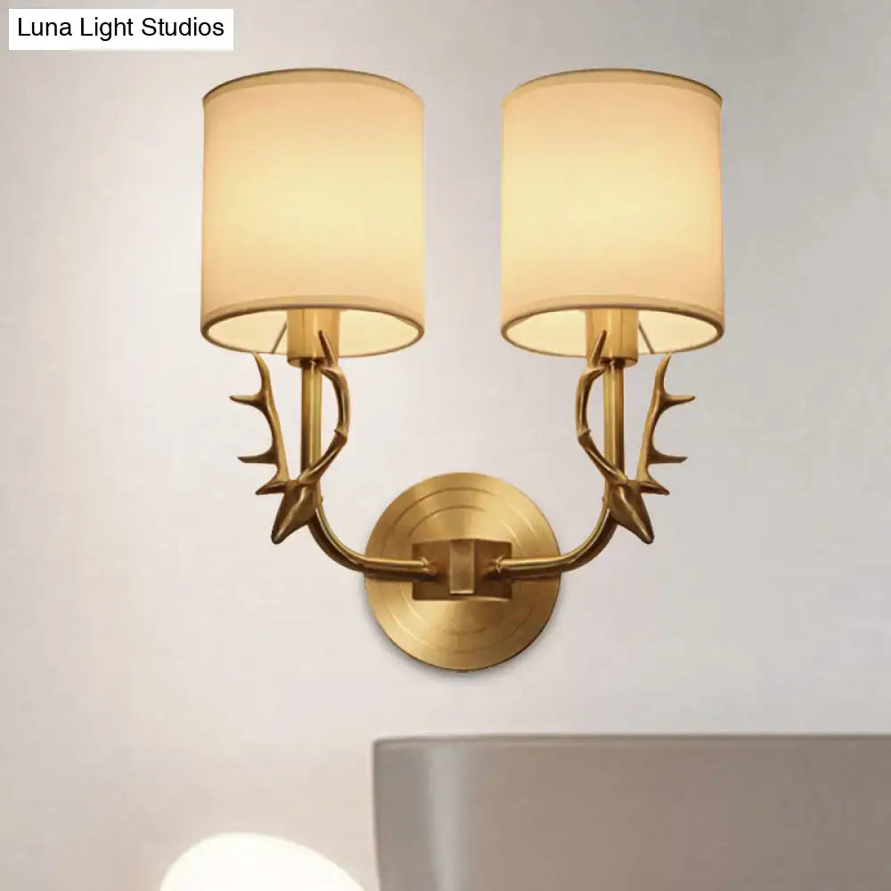 DecorBites™ Modern 1/2 Lights Wall Sconce with Fabric Shade - Black/Gold Cylinder Wall Mount Fixture featuring Metal Antler