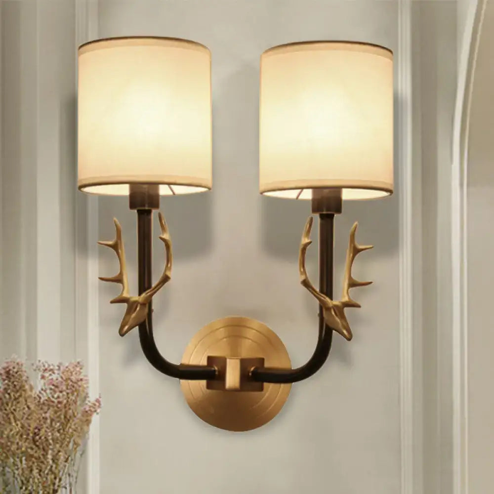 DecorBites™ Modern 1/2 Lights Wall Sconce with Fabric Shade - Black/Gold Cylinder Wall Mount Fixture featuring Metal Antler