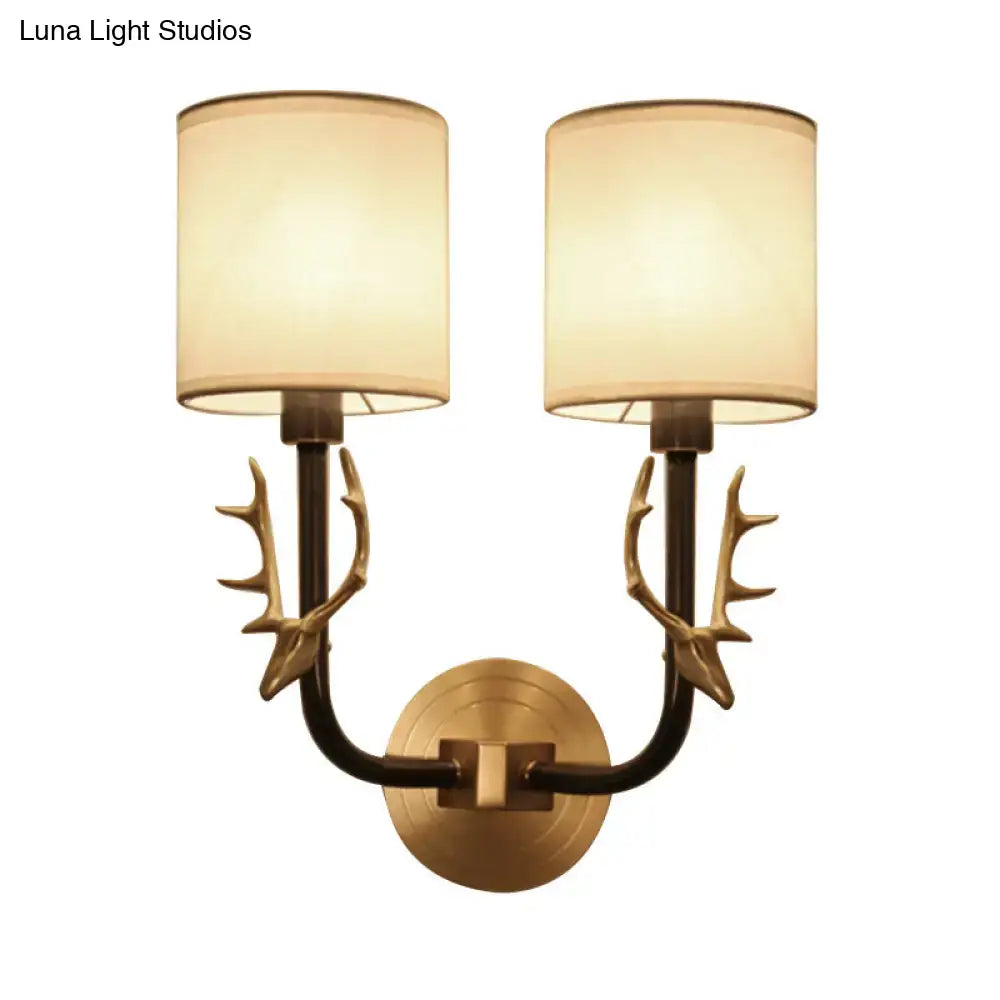 DecorBites™ Modern 1/2 Lights Wall Sconce with Fabric Shade - Black/Gold Cylinder Wall Mount Fixture featuring Metal Antler