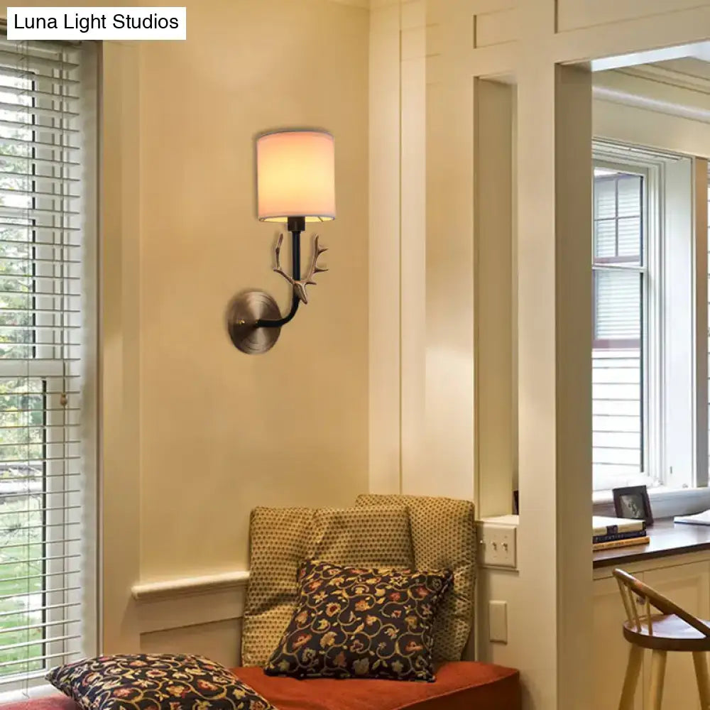 DecorBites™ Modern 1/2 Lights Wall Sconce with Fabric Shade - Black/Gold Cylinder Wall Mount Fixture featuring Metal Antler