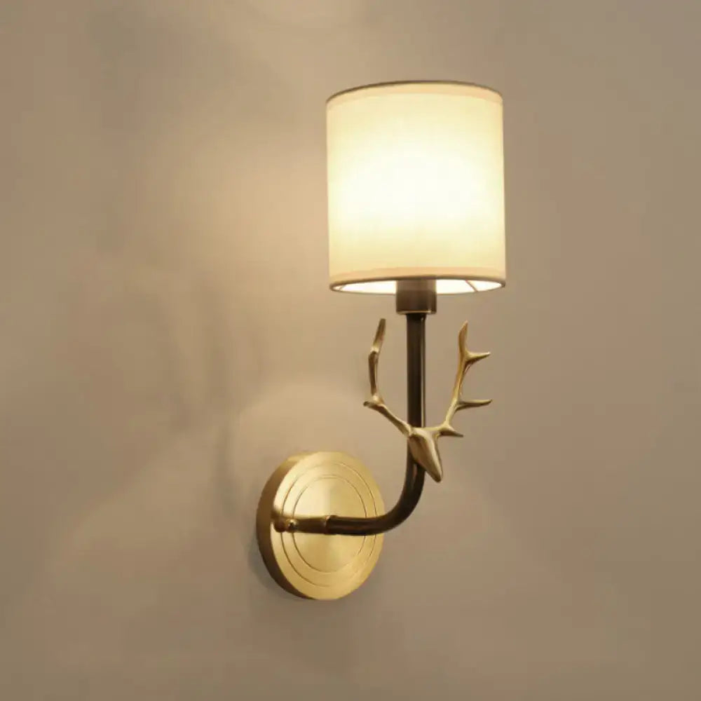 DecorBites™ Modern 1/2 Lights Wall Sconce with Fabric Shade - Black/Gold Cylinder Wall Mount Fixture featuring Metal Antler