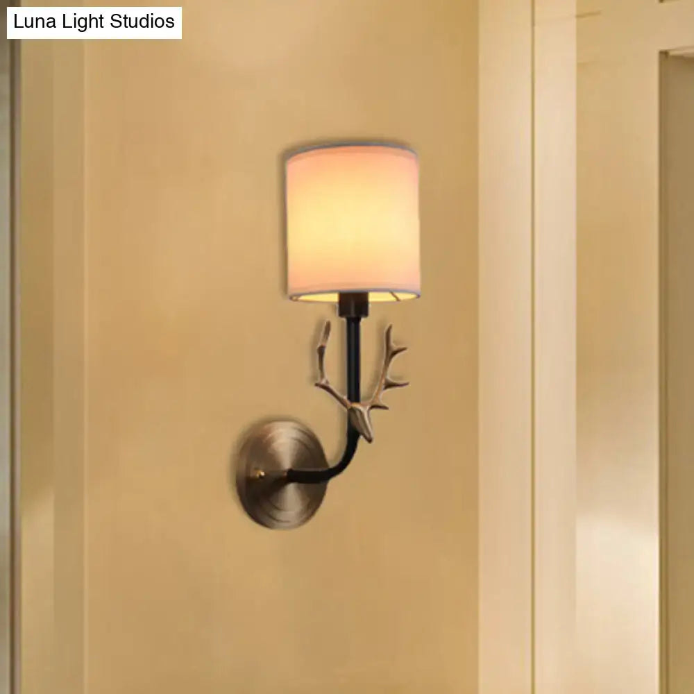 DecorBites™ Modern 1/2 Lights Wall Sconce with Fabric Shade - Black/Gold Cylinder Wall Mount Fixture featuring Metal Antler