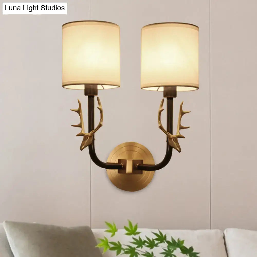 DecorBites™ Modern 1/2 Lights Wall Sconce with Fabric Shade - Black/Gold Cylinder Wall Mount Fixture featuring Metal Antler