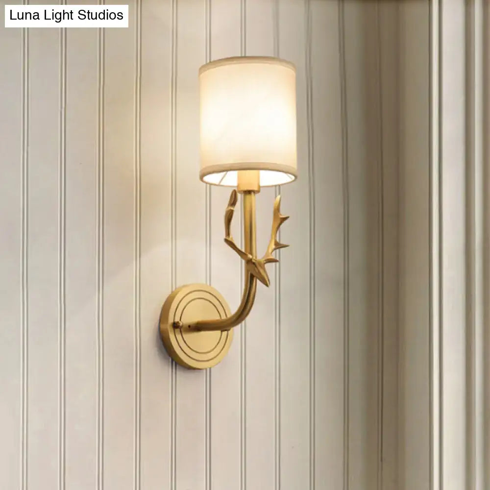 DecorBites™ Modern 1/2 Lights Wall Sconce with Fabric Shade - Black/Gold Cylinder Wall Mount Fixture featuring Metal Antler