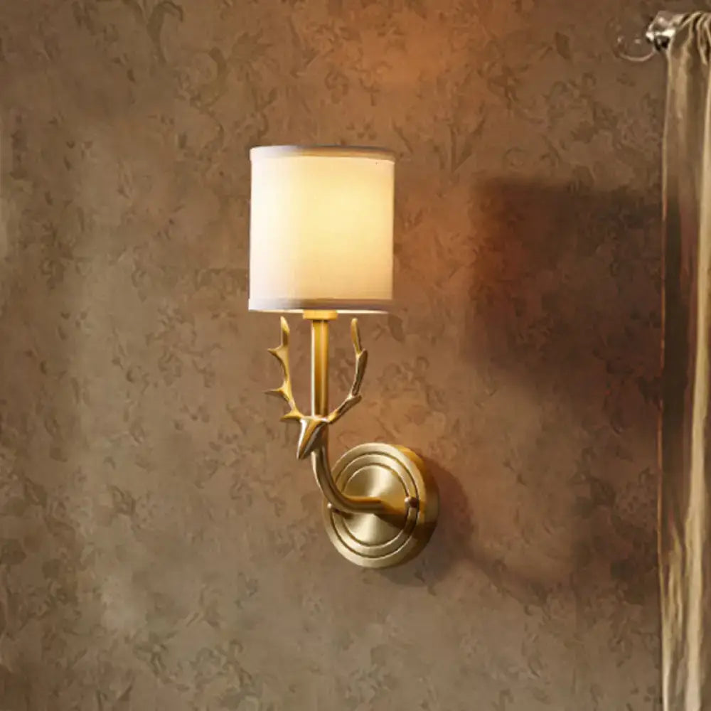 DecorBites™ Modern 1/2 Lights Wall Sconce with Fabric Shade - Black/Gold Cylinder Wall Mount Fixture featuring Metal Antler