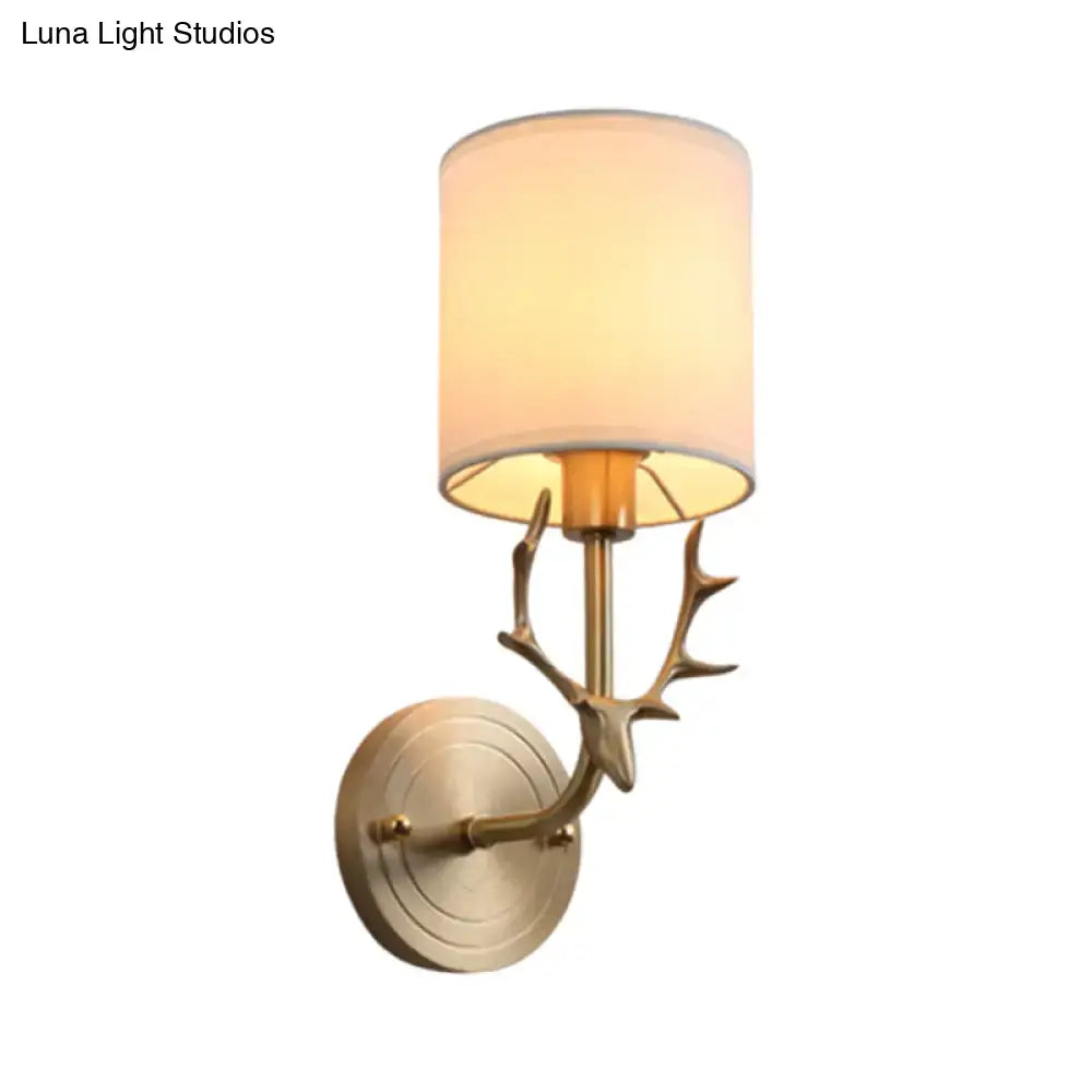 DecorBites™ Modern 1/2 Lights Wall Sconce with Fabric Shade - Black/Gold Cylinder Wall Mount Fixture featuring Metal Antler
