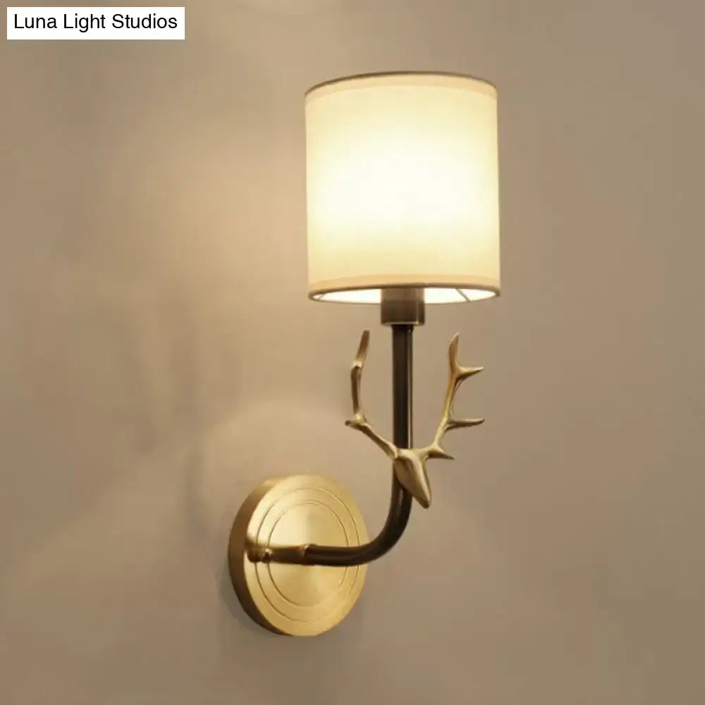 DecorBites™ Modern 1/2 Lights Wall Sconce with Fabric Shade - Black/Gold Cylinder Wall Mount Fixture featuring Metal Antler