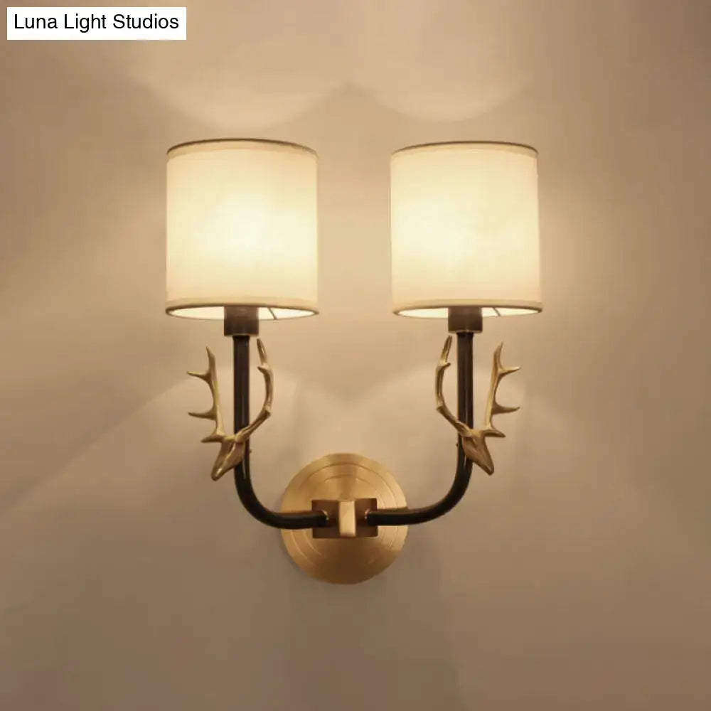 DecorBites™ Modern 1/2 Lights Wall Sconce with Fabric Shade - Black/Gold Cylinder Wall Mount Fixture featuring Metal Antler