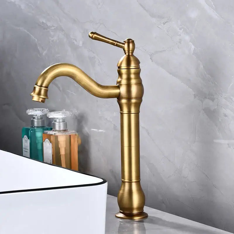 Antique brass basin faucet curved spout bathroom mixer tap