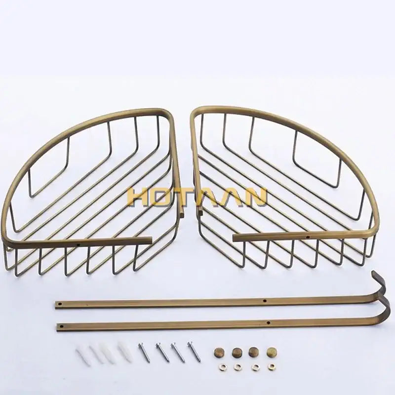 Antique brass bathroom shower shelf two tier corner caddy with hooks