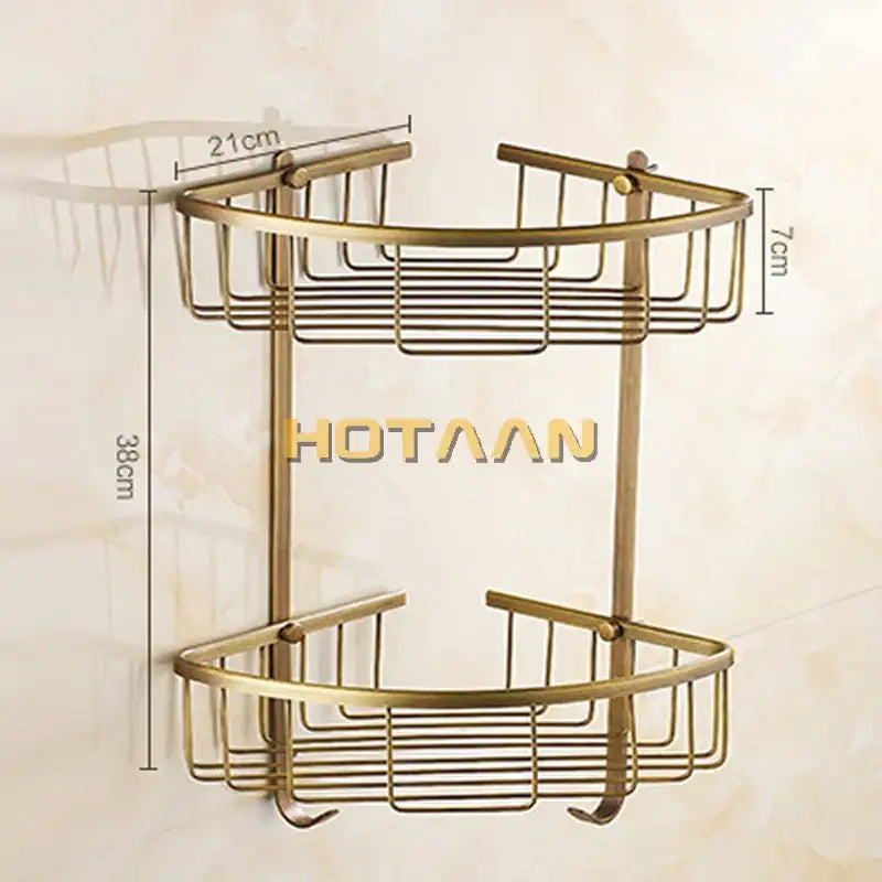 Antique brass bathroom shower shelf two tier corner caddy with hooks