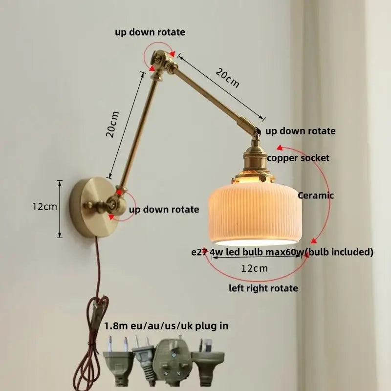 Antique brass ceramic copper led wall light bedroom sconce