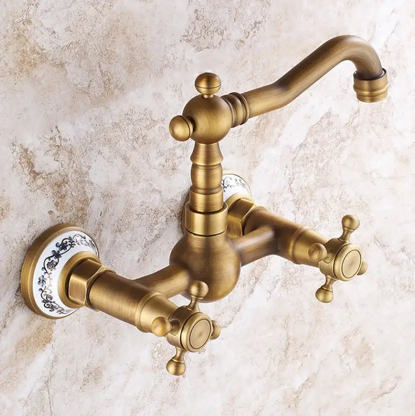 Antique brass ceramic wall mount faucet kitchen vintage porcelain